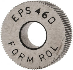 Made in USA - 1/2" Diam, 70° Tooth Angle, 60 TPI, Standard (Shape), Form Type High Speed Steel Straight Knurl Wheel - 3/16" Face Width, 3/16" Hole, Circular Pitch, Bright Finish, Series EP - Exact Tooling