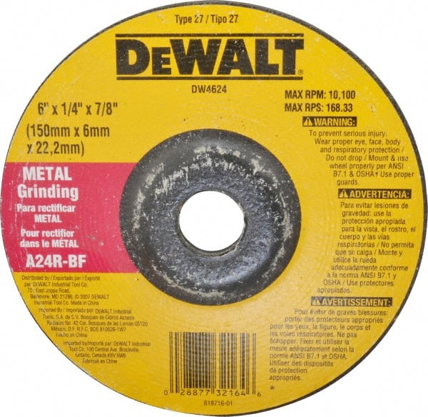 DeWALT - 24 Grit, 6" Wheel Diam, 1/4" Wheel Thickness, 7/8" Arbor Hole, Type 27 Depressed Center Wheel - Aluminum Oxide, R Hardness, 10,100 Max RPM, Compatible with Angle Grinder - Exact Tooling