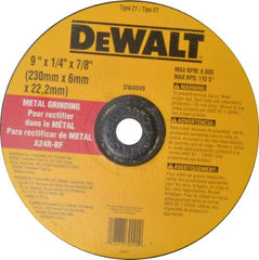 DeWALT - 24 Grit, 9" Wheel Diam, 1/4" Wheel Thickness, 7/8" Arbor Hole, Type 27 Depressed Center Wheel - Aluminum Oxide, R Hardness, 6,600 Max RPM, Compatible with Angle Grinder - Exact Tooling