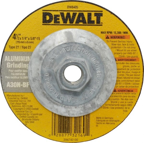 DeWALT - 30 Grit, 4-1/2" Wheel Diam, 1/4" Wheel Thickness, Type 27 Depressed Center Wheel - Aluminum Oxide, N Hardness, 13,300 Max RPM, Compatible with Angle Grinder - Exact Tooling