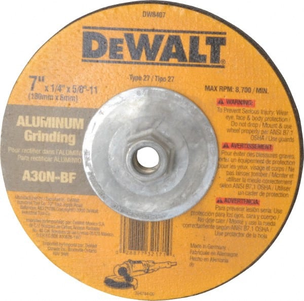 DeWALT - 30 Grit, 7" Wheel Diam, 1/4" Wheel Thickness, Type 27 Depressed Center Wheel - Aluminum Oxide, N Hardness, 8,700 Max RPM, Compatible with Angle Grinder - Exact Tooling