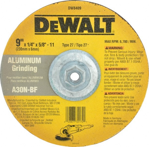 DeWALT - 30 Grit, 9" Wheel Diam, 1/4" Wheel Thickness, Type 27 Depressed Center Wheel - Aluminum Oxide, N Hardness, 6,600 Max RPM, Compatible with Angle Grinder - Exact Tooling