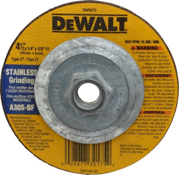 DeWALT - 30 Grit, 4-1/2" Wheel Diam, 1/4" Wheel Thickness, Type 27 Depressed Center Wheel - Aluminum Oxide, S Hardness, 13,300 Max RPM, Compatible with Angle Grinder - Exact Tooling