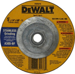 DeWALT - 30 Grit, 5" Wheel Diam, 1/4" Wheel Thickness, Type 27 Depressed Center Wheel - Aluminum Oxide, S Hardness, 12,200 Max RPM, Compatible with Angle Grinder - Exact Tooling