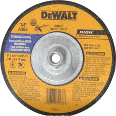 DeWALT - 30 Grit, 7" Wheel Diam, 1/4" Wheel Thickness, Type 27 Depressed Center Wheel - Aluminum Oxide, S Hardness, 8,700 Max RPM, Compatible with Angle Grinder - Exact Tooling