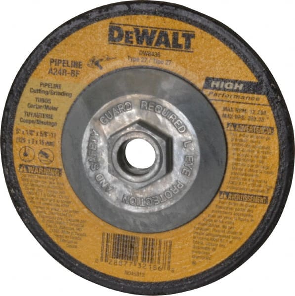 DeWALT - 24 Grit, 5" Wheel Diam, 1/8" Wheel Thickness, Type 27 Depressed Center Wheel - Aluminum Oxide, R Hardness, 12,200 Max RPM, Compatible with Angle Grinder - Exact Tooling