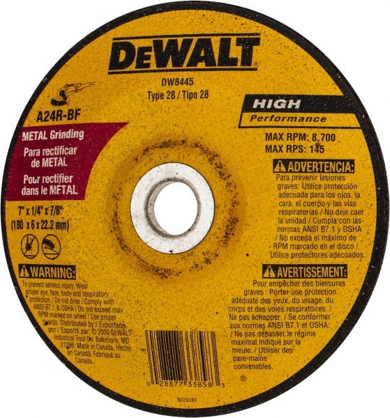 DeWALT - 24 Grit, 7" Wheel Diam, 1/4" Wheel Thickness, 7/8" Arbor Hole, Type 28 Depressed Center Wheel - Aluminum Oxide, R Hardness, 8,700 Max RPM - Exact Tooling