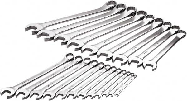 SK - 21 Piece, 1/4" to 1-1/2", 12 Point Combination Wrench Set - Inch Measurement Standard, Chrome Finish, Comes in Rack - Exact Tooling