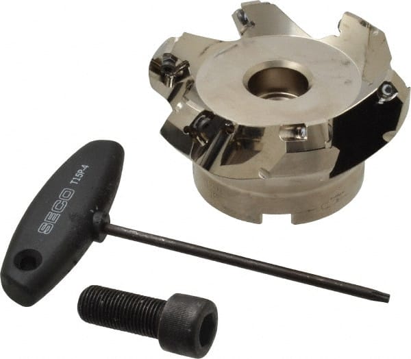 Seco - 3.15" Cut Diam, 1" Arbor Hole, 0.236" Max Depth of Cut, 45° Indexable Chamfer & Angle Face Mill - 6 Inserts, SE.X 1204 Insert, Right Hand Cut, 6 Flutes, Through Coolant, Series R220.53 - Exact Tooling