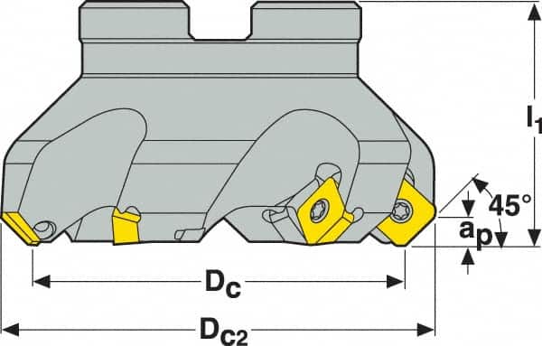 Seco - 1.57" Cut Diam, 3/4" Arbor Hole, 0.18" Max Depth of Cut, 45° Indexable Chamfer & Angle Face Mill - 4 Inserts, SE.. 09T3 Insert, Right Hand Cut, 4 Flutes, Through Coolant, Series R220.53 - Exact Tooling
