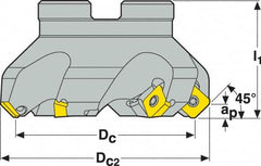 Seco - 1.57" Cut Diam, 3/4" Arbor Hole, 0.18" Max Depth of Cut, 45° Indexable Chamfer & Angle Face Mill - 4 Inserts, SE.. 09T3 Insert, Right Hand Cut, 4 Flutes, Through Coolant, Series R220.53 - Exact Tooling