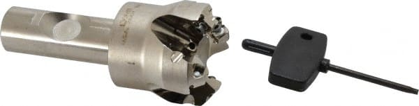 Seco - 45° Lead Angle, 1.65" Max Cut Diam, 0.18" Max Depth of Cut, Indexable Chamfer and Angle End Mill - 4 Inserts, SE.. 09T3 Insert Style, 3.54" Overall Length, Through Coolant - Exact Tooling