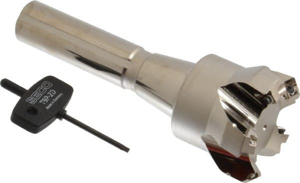 Seco - 45° Lead Angle, 2.36" Max Cut Diam, 0.18" Max Depth of Cut, Indexable Chamfer and Angle End Mill - 5 Inserts, SE.. 09T3 Insert Style, 6.02" Overall Length, Taper Shank - Exact Tooling