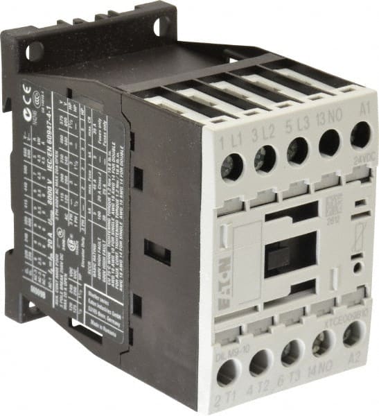 Eaton Cutler-Hammer - 3 Pole, 24 to 27 Coil VDC, 20 Amp, Nonreversible Open Enclosure IEC Contactor - 1 Phase hp: 0.5 at 115 V, 1 at 200 V, 1.5 at 230 V, 3 Phase hp: 3 at 200 V, 3 at 230 V, 5 at 460 V, 7.5 at 575 V, 9 Amp Inductive Load Rating Listed - Exact Tooling