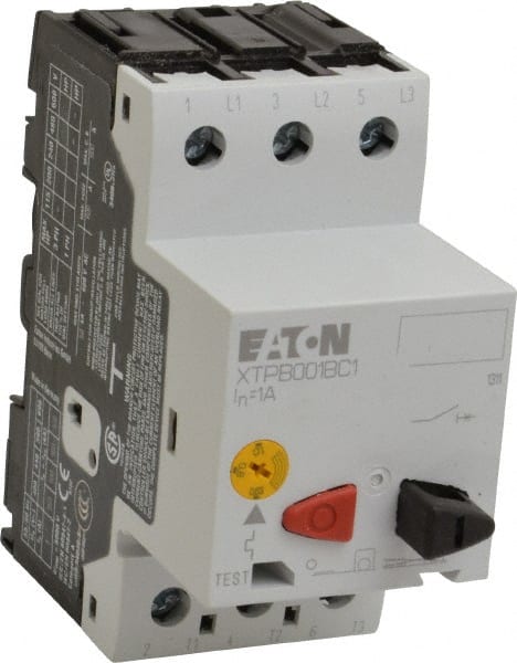 Eaton Cutler-Hammer - 1 Amp, IEC, Open Pushbutton Manual Motor Starter - 45mm Wide x 85mm Deep x 3.6667" High, 1/2 hp at 600 V & 2 hp at 480 V, CE Approved, CSA Certified, DIN VDE, EN/IEC, UL 508 Type E Compliant & UL Listed - Exact Tooling