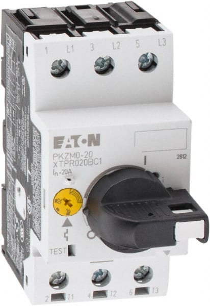 Eaton Cutler-Hammer - 20 Amp, IEC, Open Pushbutton Manual Motor Starter - 45mm Wide x 94mm Deep x 3.6667" High, 15 hp at 600 V & 5 hp at 200 V, CE Approved, CSA Certified, DIN VDE, EN/IEC, UL 508 Type E Compliant & UL Listed - Exact Tooling