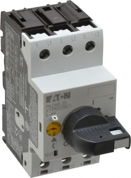 Eaton Cutler-Hammer - 25 Amp, IEC, Open Pushbutton Manual Motor Starter - 45mm Wide x 94mm Deep x 3.6667" High, 15 hp at 480 V, 20 hp at 600 V & 7-1/2 hp at 240 V, CE Approved, CSA Certified, DIN VDE, EN/IEC, UL 508 Type E Compliant & UL Listed - Exact Tooling