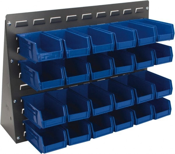 Quantum Storage - 24 Bin Bench Rack Unit with Bins - 27 Inch Overall Width x 8 Inch Overall Depth x 21 Inch Overall Height, Blue Polypropylene / Polyethylene Bins - Exact Tooling