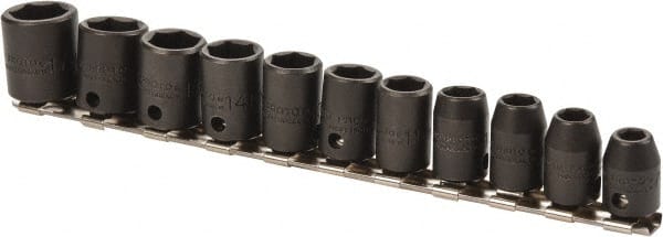 Proto - 11 Piece 3/8" Drive Impact Socket Set - 6 Points, 7mm to 17mm Range, Metric Measurement Standard - Exact Tooling