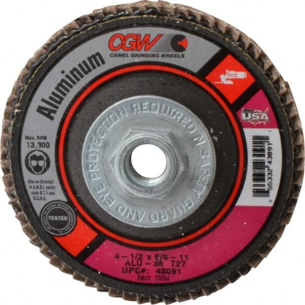 Camel Grinding Wheels - 36 Grit, 4-1/2" Disc Diam, 5/8-11 Center Hole, Type 27 Aluminum Oxide Flap Disc - 13,300 Max RPM, Polyester Backing, Arbor Attaching System, Coated - Exact Tooling