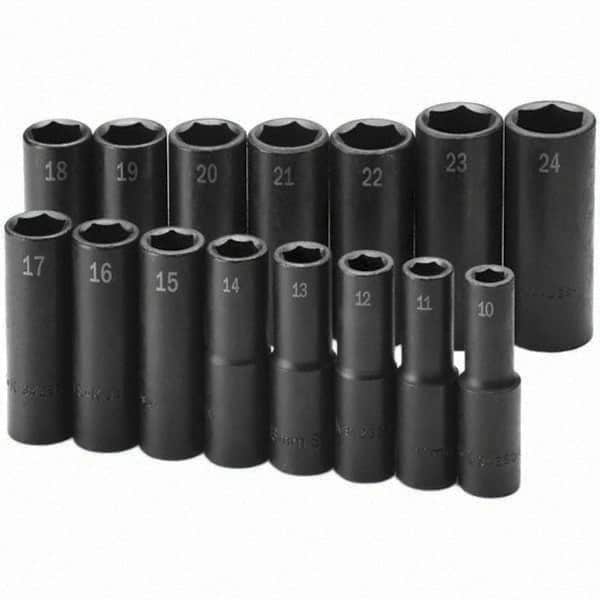 SK - 1/2" Drive Deep Impact Socket Set - 10 to 24mm, Metric Measurement Standard - Exact Tooling