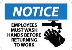 NMC - "Notice - Employees Must Wash Hands Before Returning to Work", 10" Long x 14" Wide, Aluminum Safety Sign - Rectangle, 0.04" Thick, Use for Restroom, Janitorial & Housekeeping - Exact Tooling