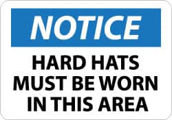 NMC - "Notice - Hard Hats Must Be Worn in This Area", 10" Long x 14" Wide, Rigid Plastic Safety Sign - Rectangle, 0.05" Thick, Use for Accident Prevention - Exact Tooling