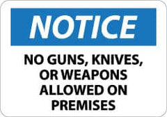 NMC - "Notice - No Guns, Knives or Weapons Allowed on Premises", 10" Long x 14" Wide, Pressure-Sensitive Vinyl Safety Sign - Rectangle, 0.004" Thick, Use for Security & Admittance - Exact Tooling