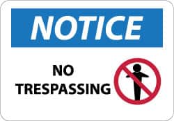 NMC - "Notice - No Trespassing", 10" Long x 14" Wide, Pressure-Sensitive Vinyl Safety Sign - Rectangle, 0.004" Thick, Use for Security & Admittance - Exact Tooling