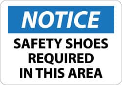 NMC - "Notice - Safety Shoes Required in This Area", 10" Long x 14" Wide, Pressure-Sensitive Vinyl Safety Sign - Rectangle, 0.004" Thick, Use for Accident Prevention - Exact Tooling