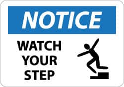 NMC - "Notice - Watch Your Step", 10" Long x 14" Wide, Rigid Plastic Safety Sign - Rectangle, 0.05" Thick, Use for Accident Prevention - Exact Tooling