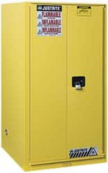 Justrite - 2 Door, 5 Shelf, Yellow Steel Standard Safety Cabinet for Flammable and Combustible Liquids - 65" High x 34" Wide x 34" Deep, Manual Closing Door, 3 Point Key Lock, 96 Gal Capacity - Exact Tooling