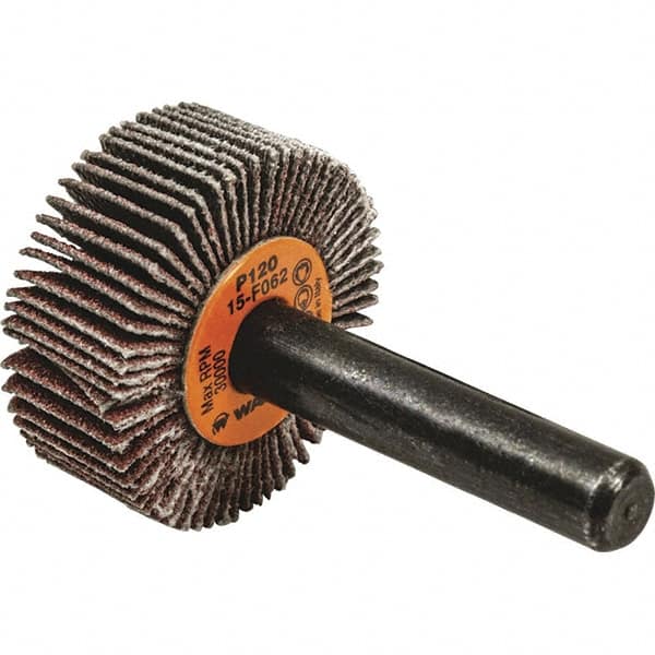 WALTER Surface Technologies - 1" Diam x 1" Face Width, Fine Aluminum Oxide Coated Mounted Flap Wheel - 1/4" Shank Mount, 120 Grit, Cloth Backing, 30,000 Max RPM - Exact Tooling