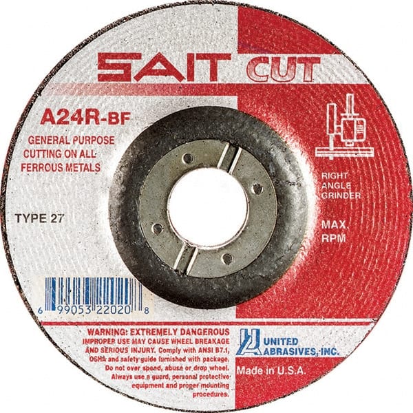 Sait - 24 Grit, 6" Wheel Diam, 1/8" Wheel Thickness, 7/8" Arbor Hole, Type 27 Depressed Center Wheel - Aluminum Oxide, Resinoid Bond, R Hardness, 10,200 Max RPM, Compatible with Angle Grinder - Exact Tooling