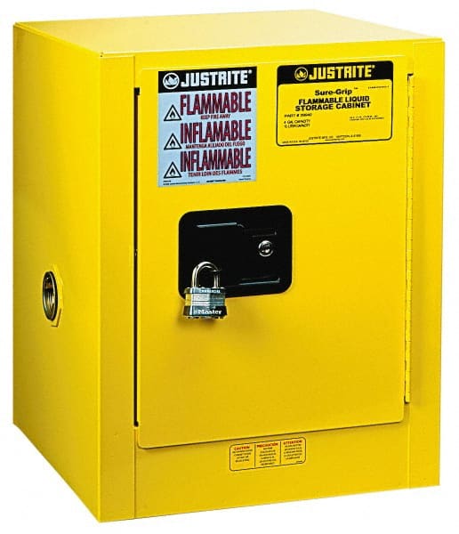 Justrite - 1 Door, 1 Shelf, Yellow Steel Bench Top Safety Cabinet for Flammable and Combustible Liquids - 22" High x 17" Wide x 17" Deep, Manual Closing Door, 4 Gal Capacity - Exact Tooling