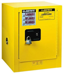 Justrite - 1 Door, 1 Shelf, Yellow Steel Bench Top Safety Cabinet for Flammable and Combustible Liquids - 22" High x 17" Wide x 17" Deep, Manual Closing Door, 4 Gal Capacity - Exact Tooling