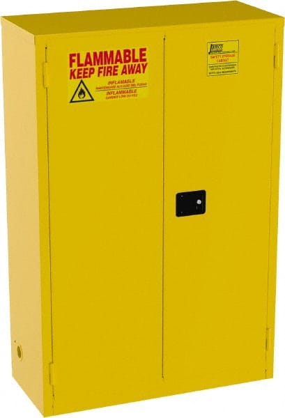 Jamco - 2 Door, 2 Shelf, Yellow Steel Standard Safety Cabinet for Flammable and Combustible Liquids - 65" High x 43" Wide x 18" Deep, Self Closing Door, 3 Point Key Lock, 45 Gal Capacity - Exact Tooling