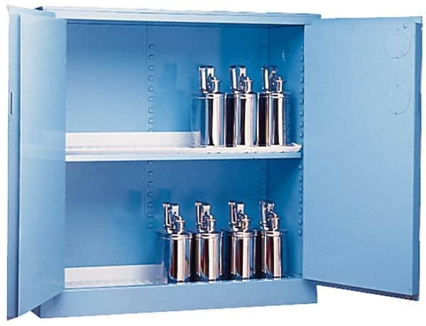 Justrite - 2 Door, 2 Shelf, Blue Steel Standard Safety Cabinet for Corrosive Chemicals - 65" High x 34" Wide x 34" Deep, Manual Closing Door, 3 Point Key Lock, 60 Gal Capacity - Exact Tooling