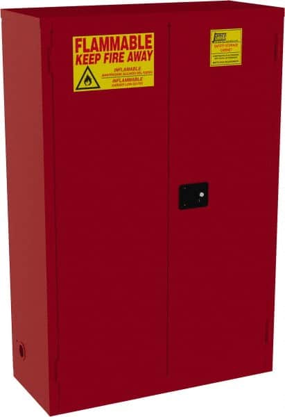 Jamco - 2 Door, 5 Shelf, Red Steel Standard Safety Cabinet for Flammable and Combustible Liquids - 65" High x 43" Wide x 18" Deep, Manual Closing Door, 3 Point Key Lock, 72 Gal Capacity - Exact Tooling