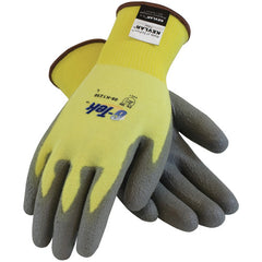 09-K1250/XS Gloves w/Kevlar Brand - G-Tek KEV - Yellow 15G Kevlar/Lycra Seamless Knit - Gray PU Grip A2 - Exact Tooling