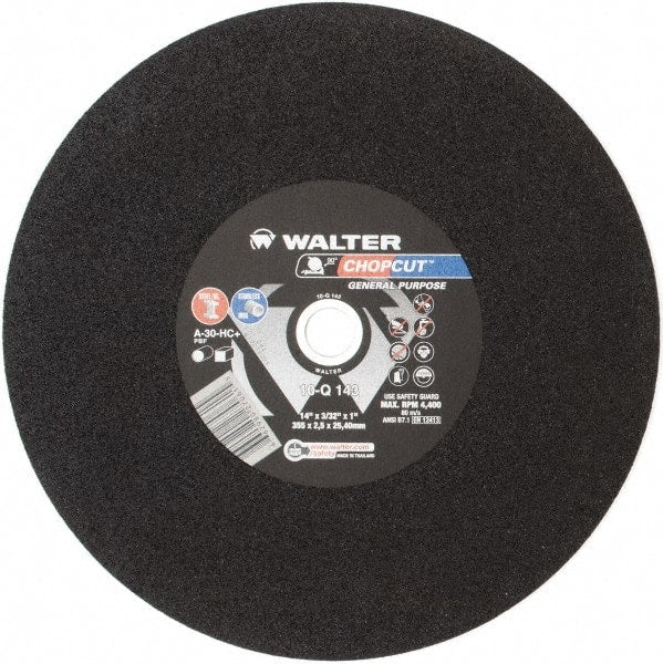 WALTER Surface Technologies - 14" 30 Grit Aluminum Oxide Cutoff Wheel - 3/32" Thick, 1" Arbor, 4,400 Max RPM, Use with Electric & Gas Powered Saws - Exact Tooling