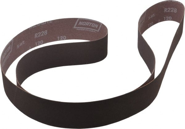 Norton - 2" Wide x 72" OAL, 120 Grit, Aluminum Oxide Abrasive Belt - Aluminum Oxide, Fine, Coated, X Weighted Cloth Backing, Series R228 - Exact Tooling