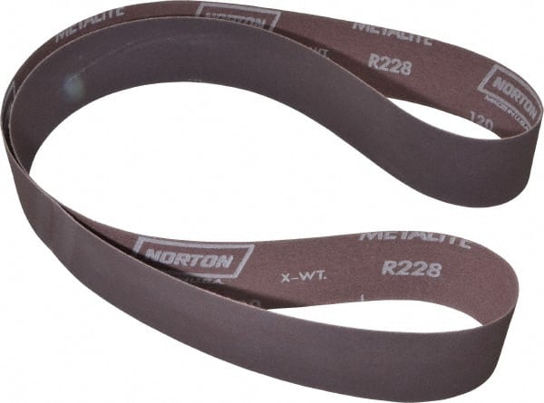 Norton - 2" Wide x 60" OAL, 120 Grit, Aluminum Oxide Abrasive Belt - Aluminum Oxide, Fine, Coated, X Weighted Cloth Backing, Series R228 - Exact Tooling
