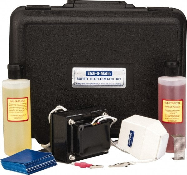 Etch-O-Matic - Electric Etcher - 10 Amp Kit, Includes 1 - 15-Volt, 10-Amp. Marker Unit With External Transformer; Adapter Clip For Deep Etch Marking; Ground Plate; 8 oz General Purpose Electrolyte; 8 oz Neutralizer; Extra Pads; 100 Pak Special Stencils - Exact Tooling