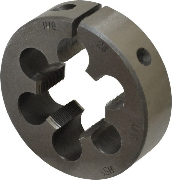 Interstate - 1-1/8 - 28 UNS Thread, 2-1/2" Outside Diam High Speed Steel Round Die - Right Hand Thread, Adjustable - Exact Tooling