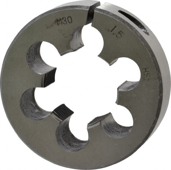 Interstate - M30x1.50 Metric Fine Thread, 2-1/2" Outside Diam High Speed Steel Round Die - Right Hand Thread, Adjustable - Exact Tooling