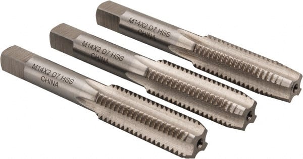 Interstate - M14x2.00 Metric Coarse, 4 Flute, Bottoming, Plug & Taper, Bright Finish, High Speed Steel Tap Set - Right Hand Cut, 3-19/32" OAL, 1-21/32" Thread Length - Exact Tooling