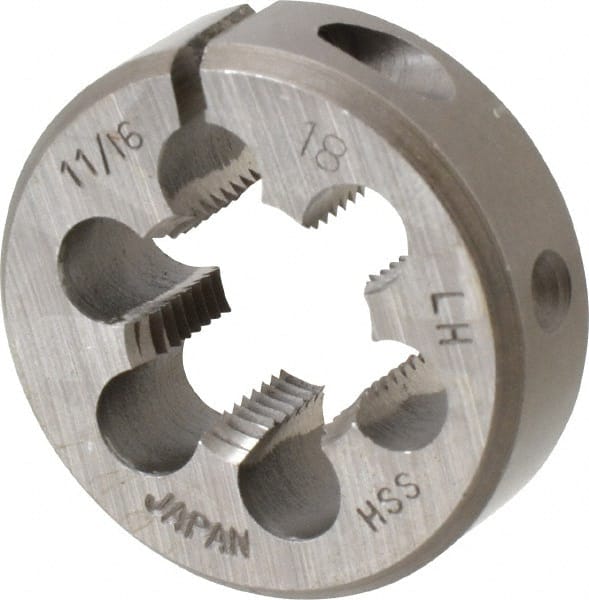 Interstate - 11/16-18 UNEF Thread, 1-1/2" Outside Diam High Speed Steel Round Die - 1/2" Thick, Left Hand Thread, Adjustable - Exact Tooling