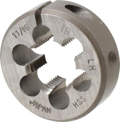 Interstate - 11/16-18 UNEF Thread, 1-1/2" Outside Diam High Speed Steel Round Die - 1/2" Thick, Left Hand Thread, Adjustable - Exact Tooling