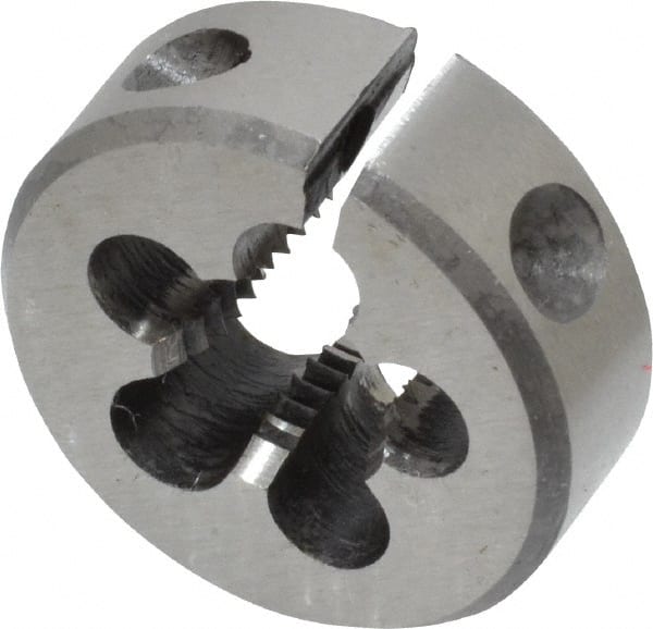 Interstate - M10x1.25 Metric Fine Thread, 1" Outside Diam High Speed Steel Round Die - 1/2" Thick, Left Hand Thread, Adjustable - Exact Tooling